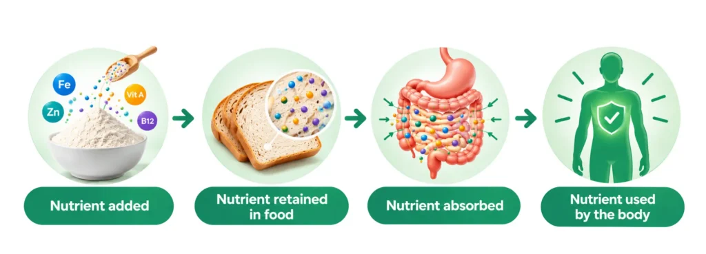 Nutrient bioavailability in food fortification from nutrient addition to absorption.